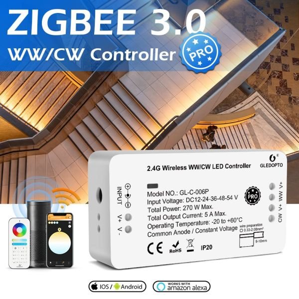 Gledopto Zigbee Pro WW/CW (CCT) LED kontrolieris (Zigbee+RF) 12V / 24V / 36V / 48V / 54V DC