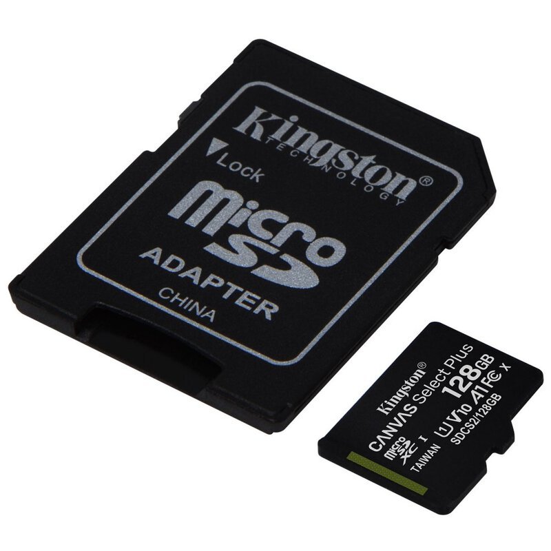 Atmiņas karte Kingston Canvas Select Plus (microSDXC) 128GB klase 10 UHS-I U1 V10 A1 — 100MB/s + adapteris