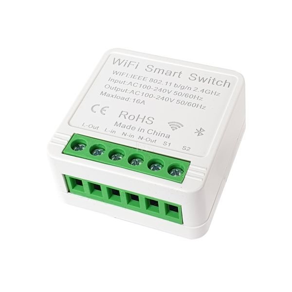 SmartWise Mini BT (WiFi + Bluetooth) ar eWeLink lietotni saderīgs viedais relejs (16A), atbalsta vadu un bezvadu Bluetooth slēdžus