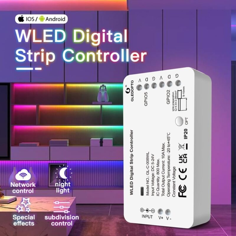 Gledopto GL-C-008WL 5V-24V viedais IC LED kontrolieris ar Wi-Fi (WLED programmaparatūra)
