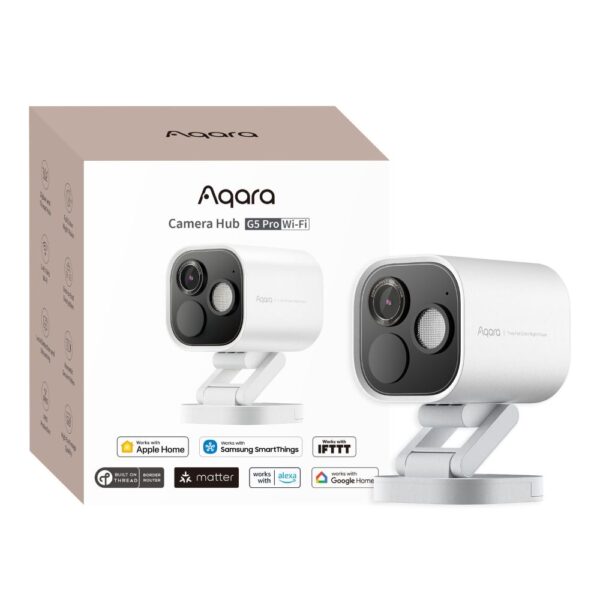 Aqara G5 Pro kameras centrmezgls, ar HomeKit Secure Video saderīga kamera ar iebūvētu Zigbee un Thread vārteju, Wi-Fi versija, balta