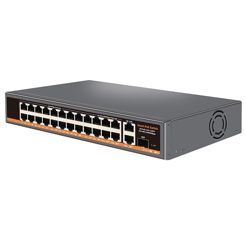 PoE slēdzis 26 porti (18x 100Mbps + 6x 1Gbps) ar 2x Gigabit uplink un 1x SFP, 400W