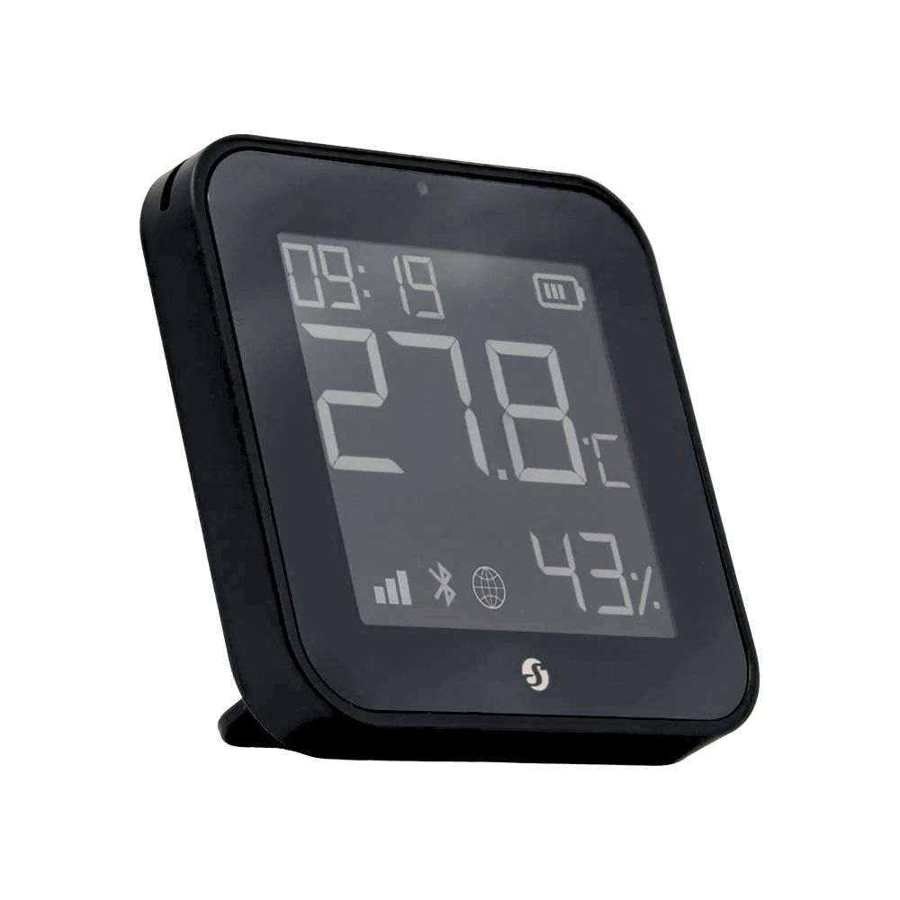 Shelly BLU H&T Display ZB – temperatūras, mitruma un apgaismojuma sensors ar e‑paper displeju (Zigbee/Bluetooth), melns