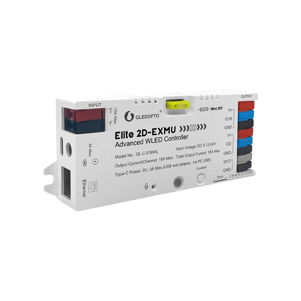 GLE-REL-C616WL.jpg Gledopto Elite 2D-EXMU Advanced WLED LED kontrolieris, 2 kanāli, Wi‑Fi/Ethernet, RGBIC, GL-C-616WL - Image 1