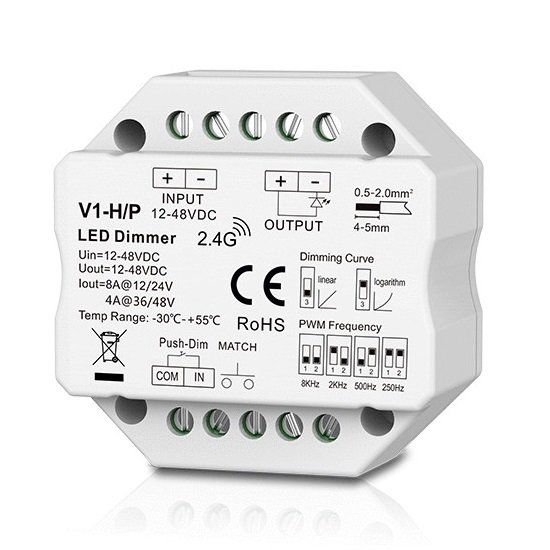 HS084578img.jpg SKYDANCE V1-H/P LED kontrolieris/dimmeris, 12–48 V DC, 1 × 8 A, Push-Dimm - Image 1